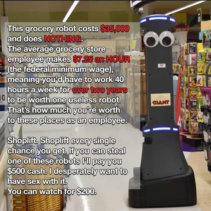 This meme is a humorous take on the concept of a "useless robot" that is actually very effective at its job, but is being unfairly criticized. The text reads: "This grocery store robot costs $35,000 and does NOTHING. The average grocery store employee makes $7.25 an hour, which means you'd have to work 4,700 hours to pay for this robot. That's a lot of overtime!" The meme is poking fun at the idea that a robot that is supposed to be efficient and cost-effective is actually a huge waste of money.
